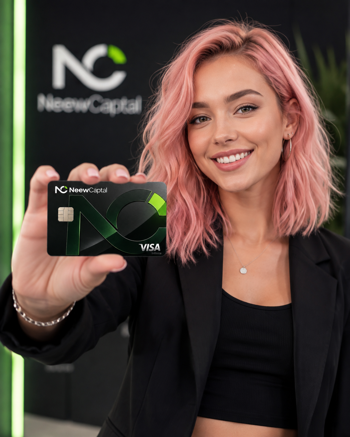 Cliente NeewCapital segurando o NeewCard Visa Infinite